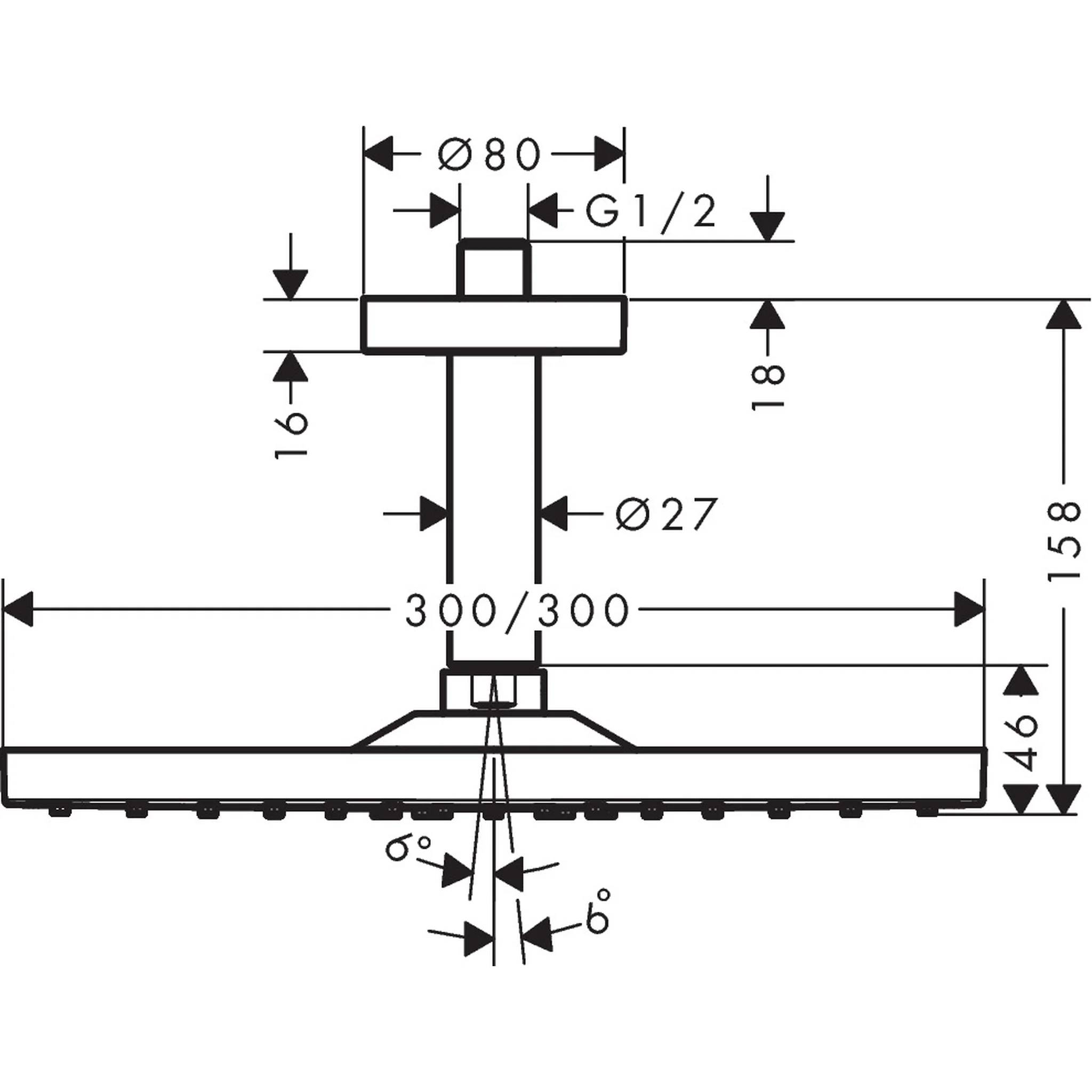 Technische Maßstabzeichnung eines Duschkopfes und Duscharms mit Größenangaben wie Ø80, G1/2, Ø27, 300/300, 158 und Sprühwinkel 6°.