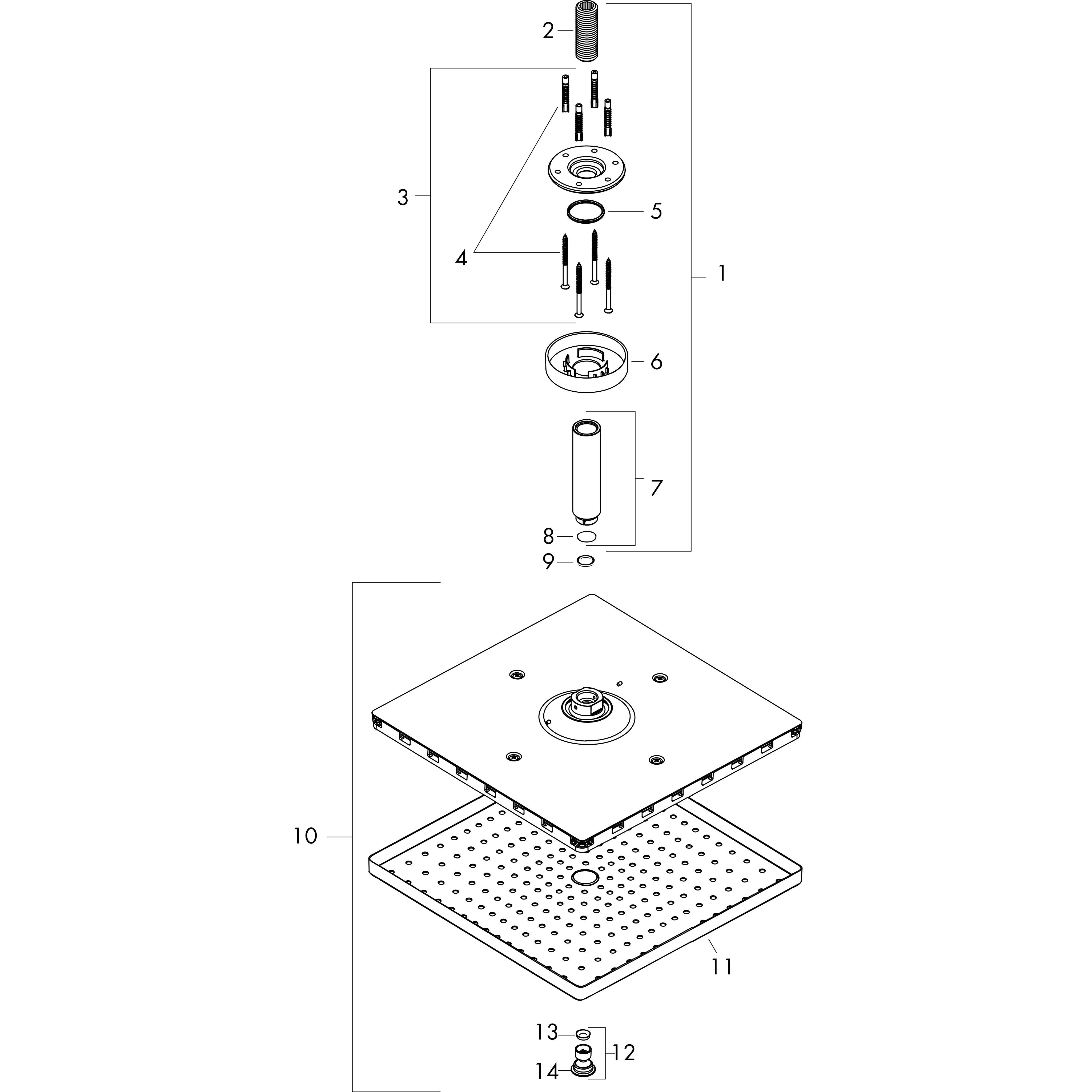 Explodierte technische Zeichnung einer Montageanordnung mit nummerierten Teilen 1-14, einschließlich Befestigungselemente, Ringe, Abstandshalter und zwei quadratische Platten mit perforierter Unterbasis.
