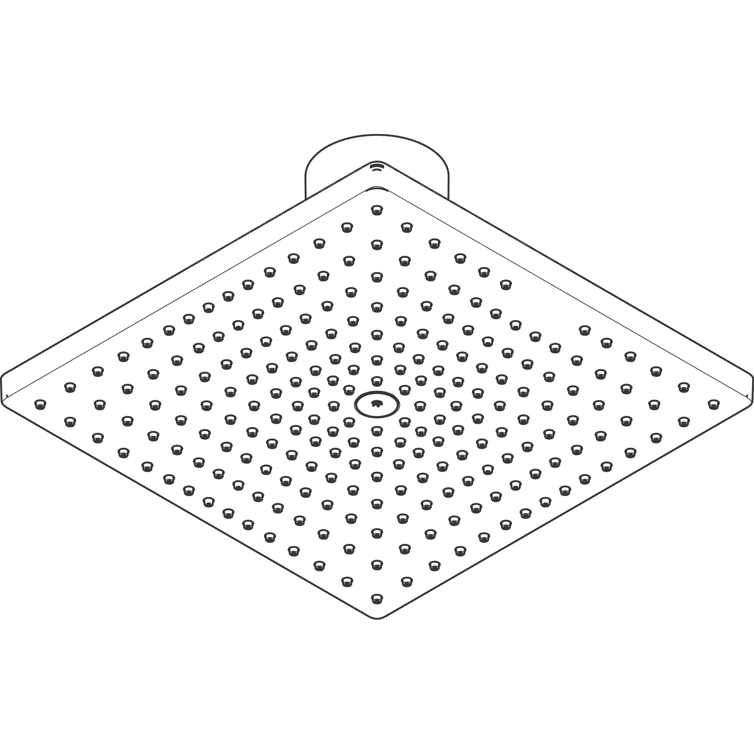 Quadratischer Regenduschkopf mit vielen Düsen und einer zentralen Sprühöffnung, perspektivisch auf weißem Hintergrund dargestellt.