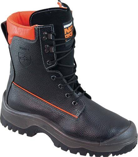 Ein schwarzer Sicherheitsschuh mit orangefarbenen Akzenten und robuster Profilsohle, geeignet für strapazierfähige, schützende Arbeitsschuhe in industriellen Umgebungen.