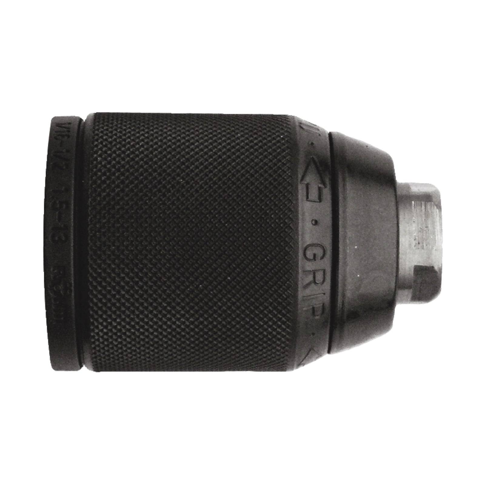 Ein schwarzer, strukturierter Bohrfutter mit metallischen Akzenten, entwickelt zum sicheren Halten von Bohrern, vor einem weißen Hintergrund präsentiert.