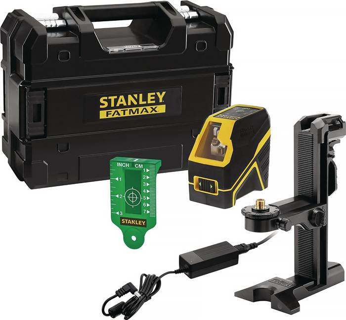 Stanley FatMax Laserlineals-Set mit Transportkoffer, grüner Zielplatte, Ladegerät und verstellbarem Montagestativ.