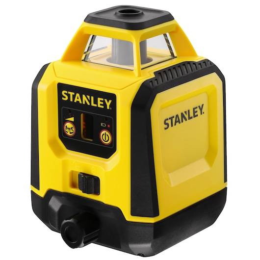 Gelbes Stanley-Lasernivelliergerät mit schwarzen Akzenten und oberem Griff, gezeigt auf weißem Hintergrund.