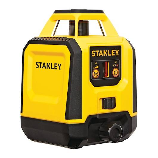 Gelbes Stanley-Lasernivelliergerät mit schwarzen Akzenten, vorderem Bedienfeld und verstellbarem Drehknopf auf weißem Hintergrund.