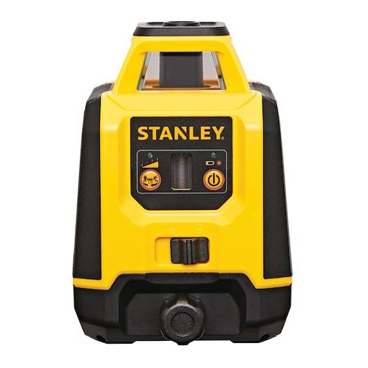 Gelbes und schwarzes Stanley-Laserniveau mit Griff, frontaler Bedienungsleiste und Einstellknopf auf weißem Hintergrund.