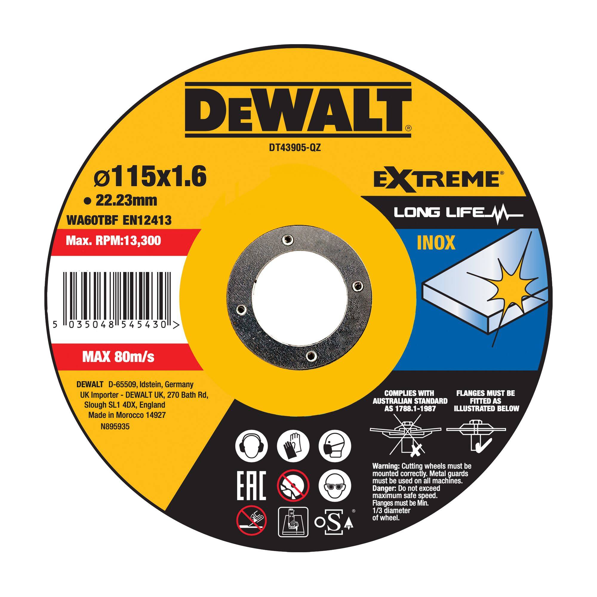 DEWALT Extreme INOX Trennscheibe, 115x1,6 mm, maximale Drehzahl 13.300 U/min und maximale Geschwindigkeit 80 m/s, mit Barcode und Sicherheitssymbolen.