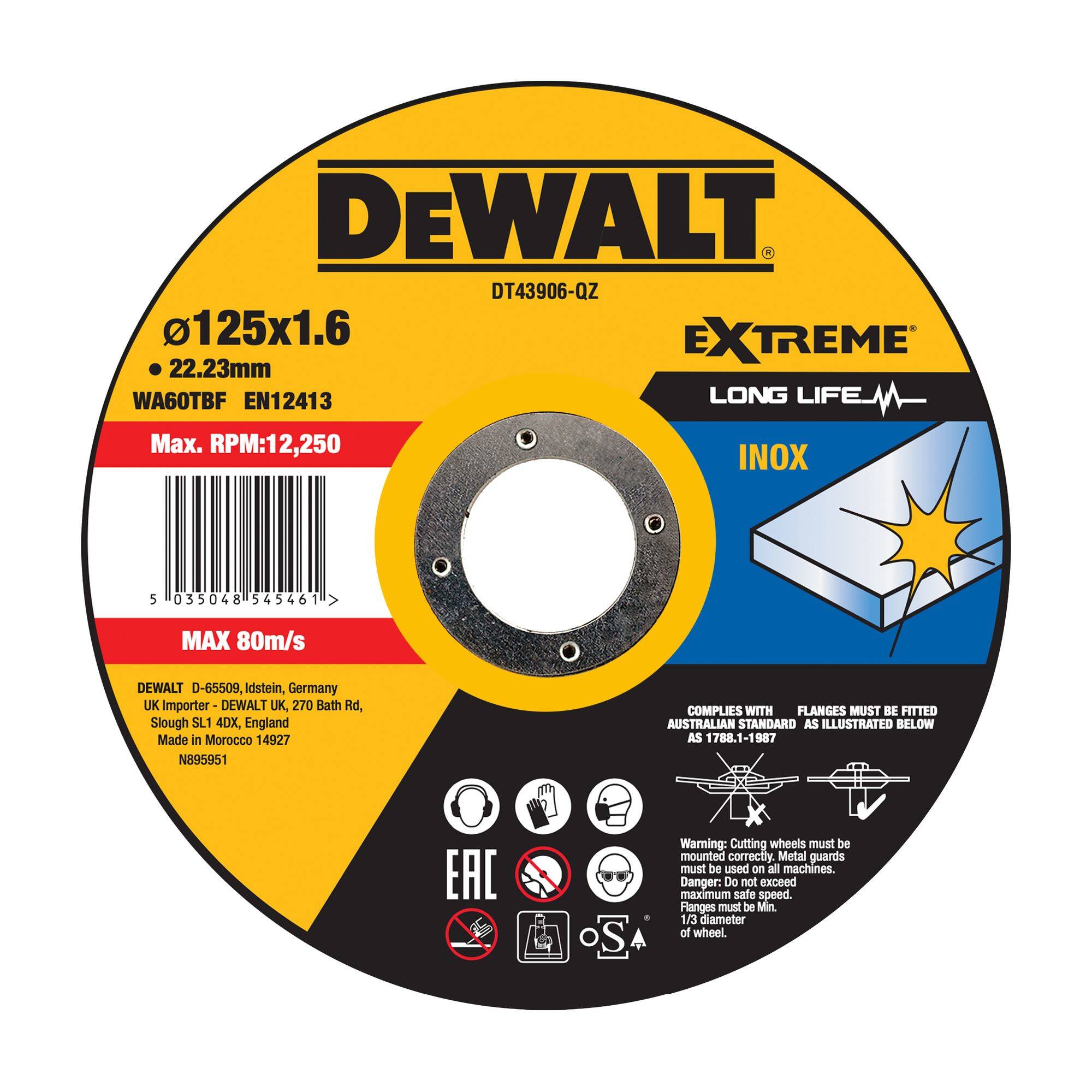 DeWalt Extreme Langlebigkeit INOX Trennscheibe, Etikett mit Größe 125x1,6 mm, max. Drehzahl 12.250 und einem Symbol für Metallschnitt.