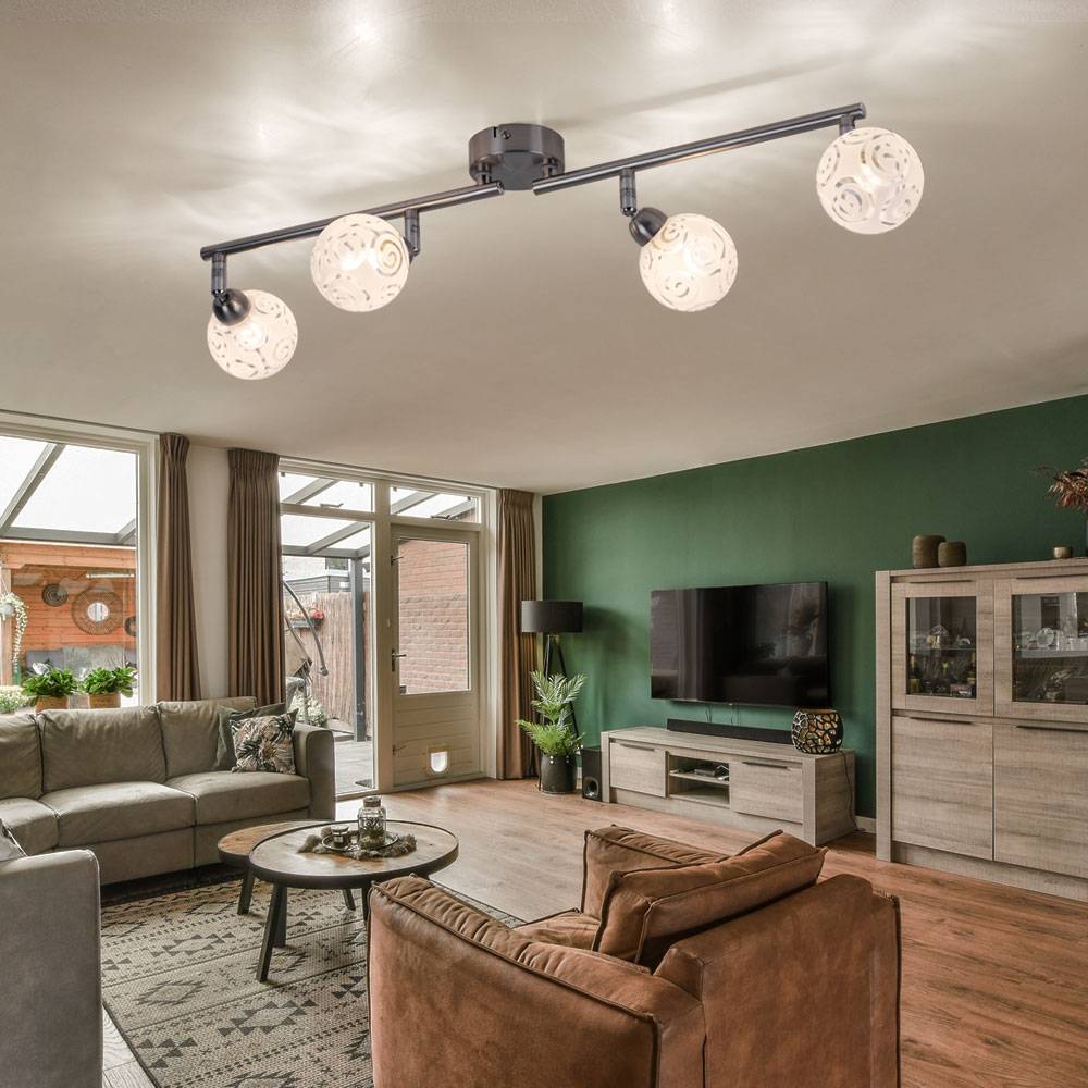 Deckenlampe Deckenleuchte Spotleiste Leuchte Esszimmerlampe Wohnzimmer, 4 flammig Spots beweglich, Glas Chrom Metall, 4x LED 7,6W 150Lm warmweiß