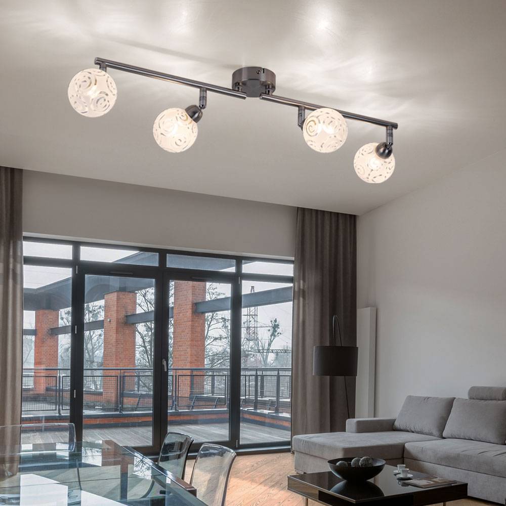 Deckenlampe Deckenleuchte Spotleiste Leuchte Esszimmerlampe Wohnzimmer, 4 flammig Spots beweglich, Glas Chrom Metall, 4x LED 7,6W 150Lm warmweiß