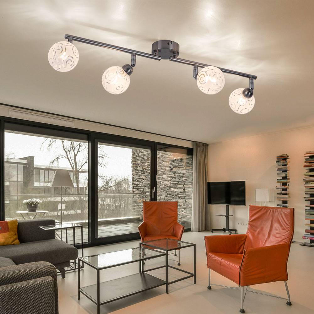 Deckenlampe Deckenleuchte Spotleiste Leuchte Esszimmerlampe Wohnzimmer, 4 flammig Spots beweglich, Glas Chrom Metall, 4x LED 7,6W 150Lm warmweiß