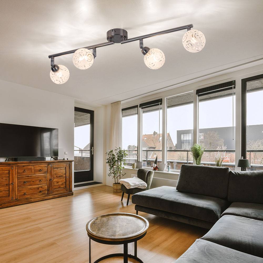 Deckenlampe Deckenleuchte Spotleiste Leuchte Esszimmerlampe Wohnzimmer, 4 flammig Spots beweglich, Glas Chrom Metall, 4x LED 7,6W 150Lm warmweiß