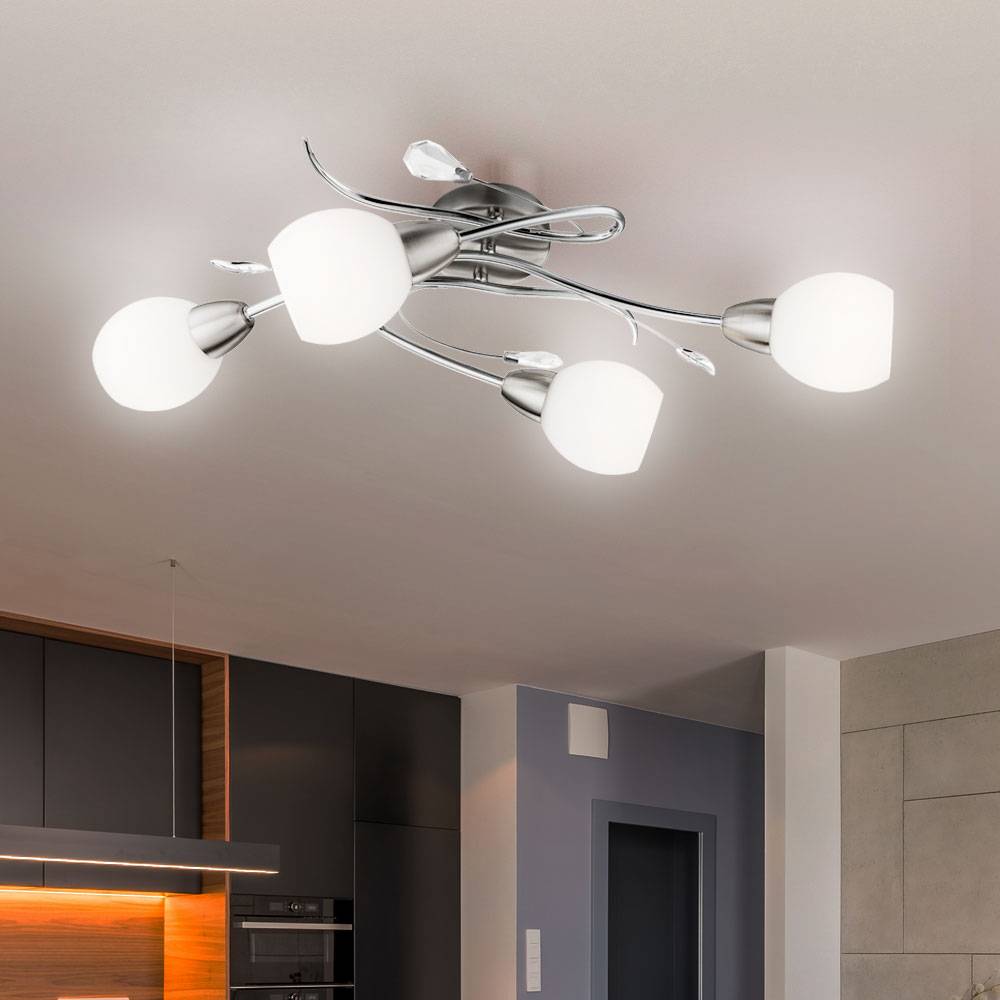 Deckenlampe Deckenleuchte Wohnzimmerlampe Spotlampe Spotleuchte, 4 Flammig, Dekorblätter Glas opal Chrom, E14 Fassungen, LxB 70x25cm