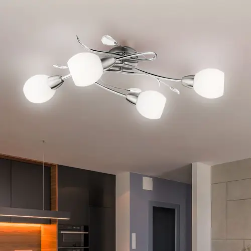 Deckenlampe Deckenleuchte Wohnzimmerlampe Spotlampe Spotleuchte, 4 Flammig, Dekorblätter Glas opal Chrom, E14 Fassungen, LxB 70x25cm Deckenlampe Deckenleuchte Wohnzimmerlampe Spotlampe Spotleuchte, 4 Flammig, Dekorblätter Glas opal Chrom, E14 Fassungen, LxB 70x25cm