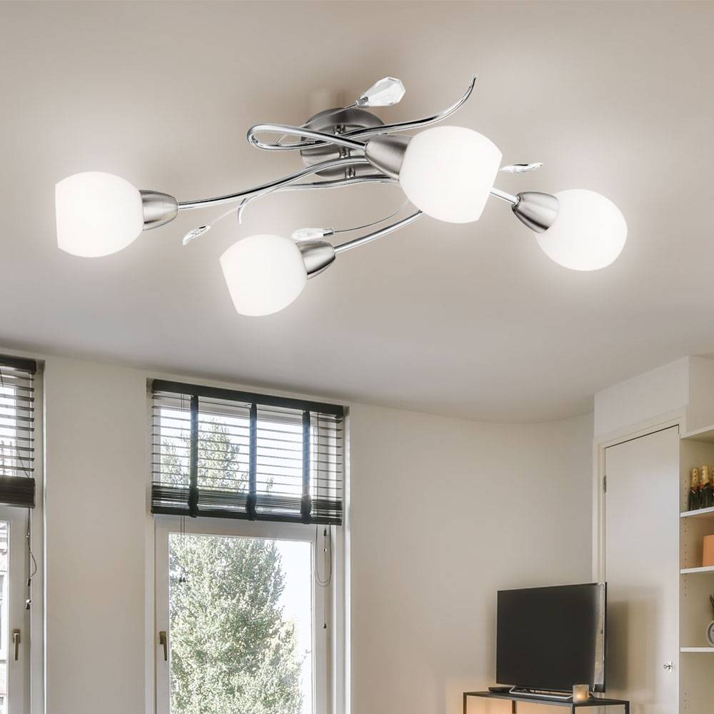 Deckenleuchte Kristalle Spotlampe Glas opal Deckenlampe chrom, nickel-matt, Dekorblätter, 4x LED 3W 250Lm warmweiß, L 70 cm