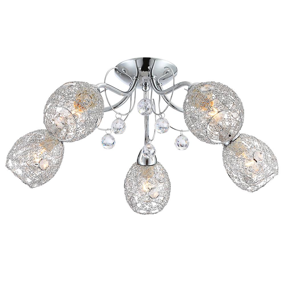 LED Deckenleuchte Chrom Kristallleuchte Spotleuchte Deckenlampe Kristalle 5 Flammig, Chromgeflecht, 5x 8W 600lm warmweiß, DxH 54x22 cm