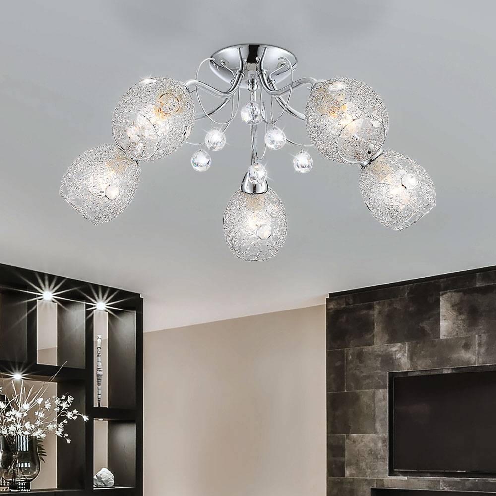 LED Deckenleuchte Chrom Kristallleuchte Spotleuchte Deckenlampe Kristalle 5 Flammig, Chromgeflecht, 5x 8W 600lm warmweiß, DxH 54x22 cm