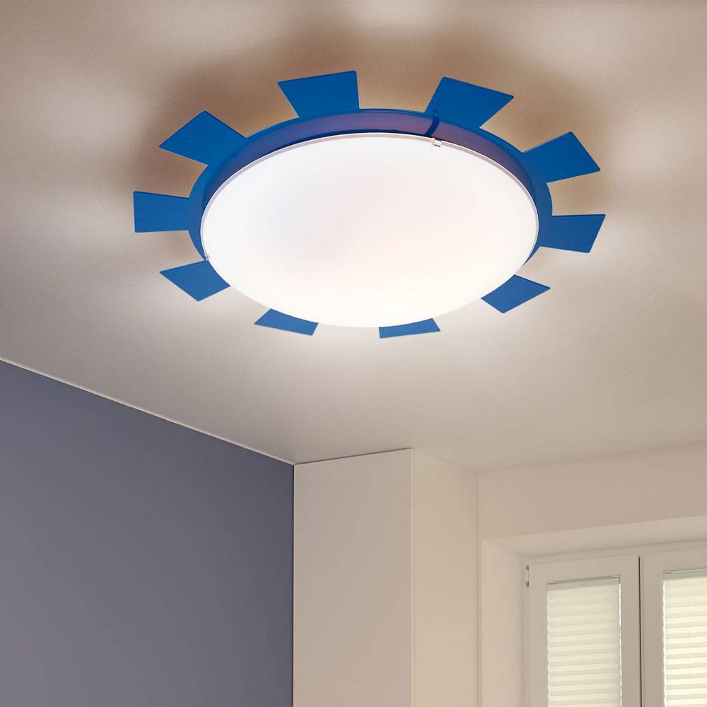 Wandleuchte Kinderzimmer Kinderlampe Glas Deckenleuchte Kinderleuchte blau, Sonne, Stahl, weiß satiniert, 1x LED 3,7W 320Lm warmweiß, DxH 35x8 cm