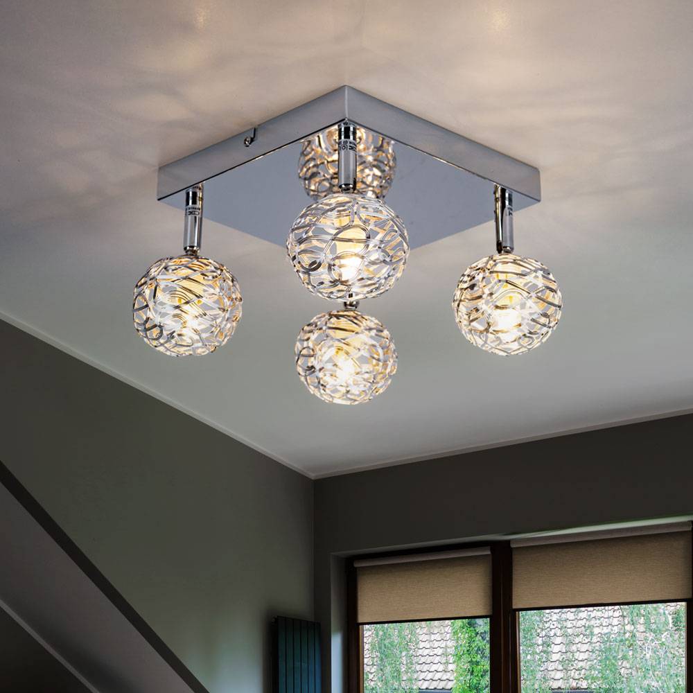 Deckenleuchte Kugeln chrom Wohnzimmerlampe Deckenlampe Geflecht Flurlampe schwenkbar, Metall, 4x G9 460Lm warmweiß, LxBxH 25x20x15 cm