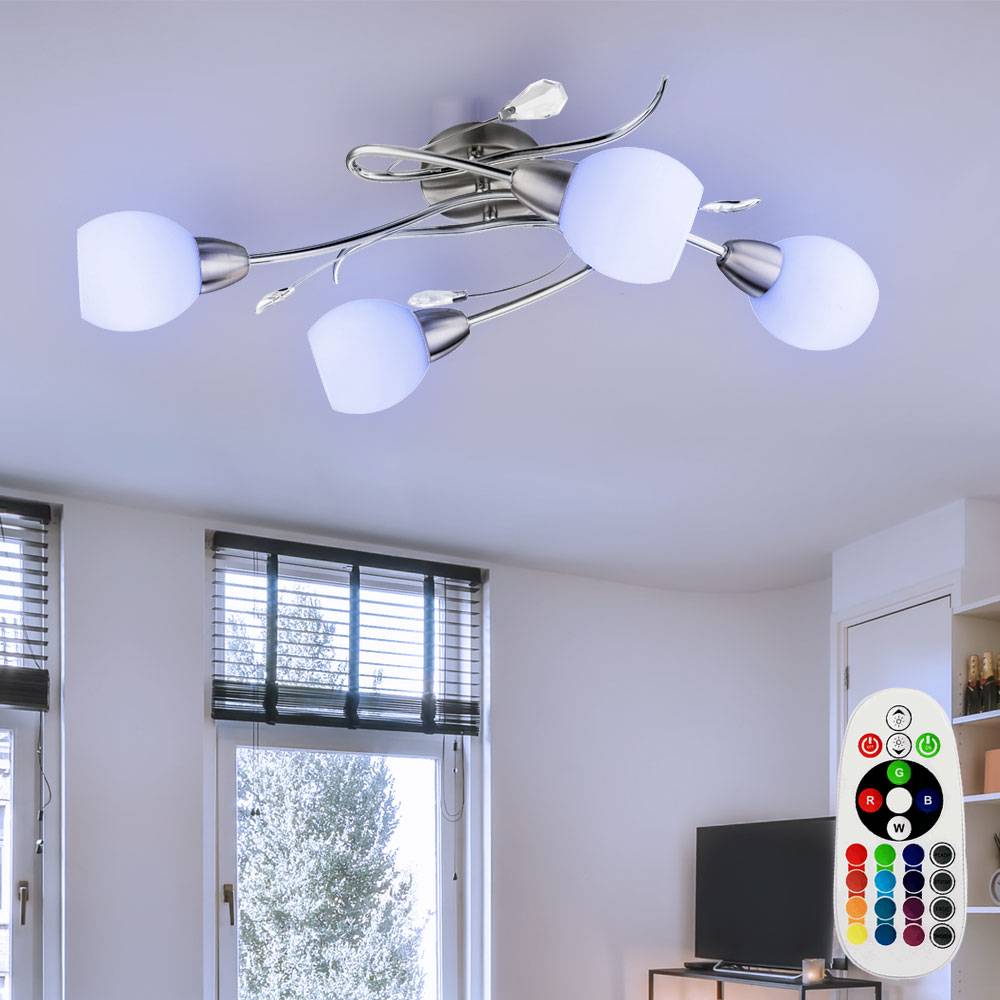 Deckenleuchte Kristalle Spotlampe Glas opal Deckenlampe chrom, Dekorblätter, Fernbedienung dimmbar, 4x RGB LED 4,8W 470Lm warmweiß, L 70 cm