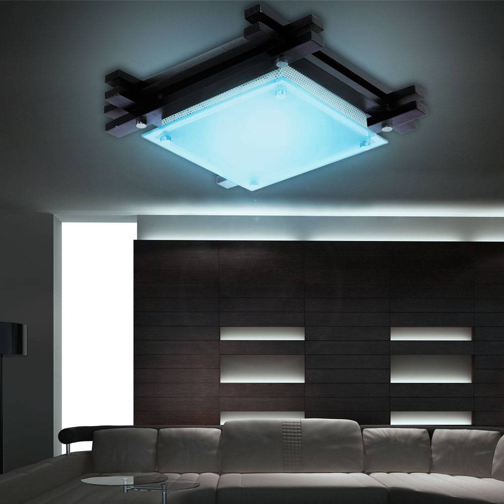 Decken Leuchte Holz Glas Beleuchtung Fernbedienung im Set inklusive RGB LED Leuchtmittel