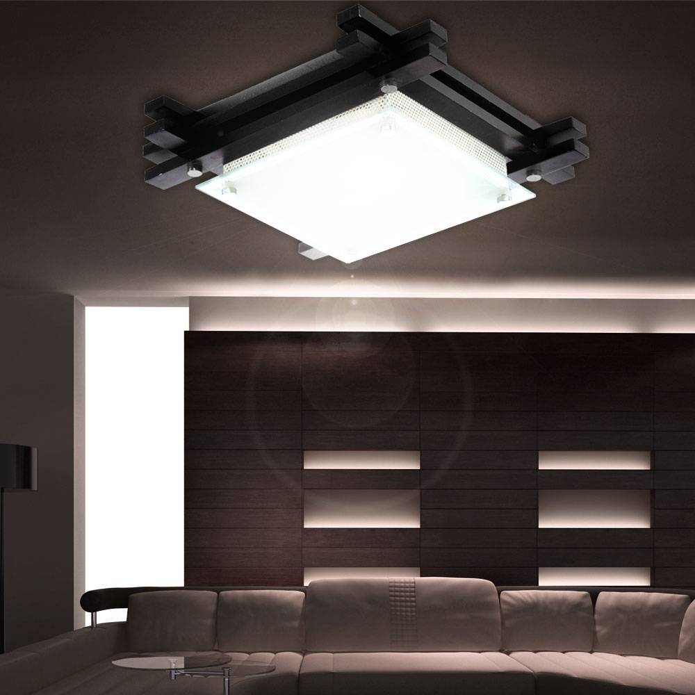 Holzlampe Deckenlampe Deckenleuchte Wohnzimmerleuchte Schlafzimmerlampe, Holz braun Glas satiniert Metall, 1x E27 Fassung, LxBxH 27x27x8,5cm