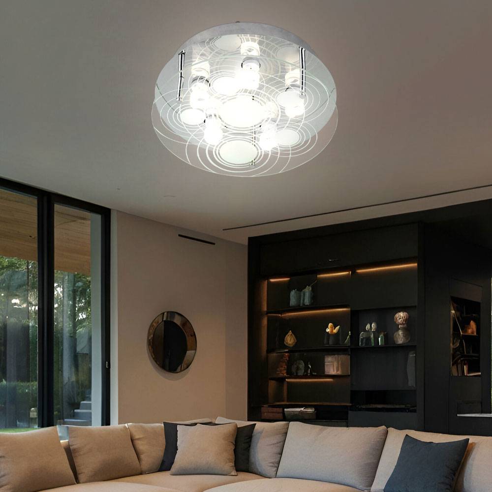 Deckenleuchte Glas satiniert Deckenlampe 6 Flammig Wohnzimmerleuchte Decke, 6x 5W 400Lm warmweiß, DxH 33x12,5 cm