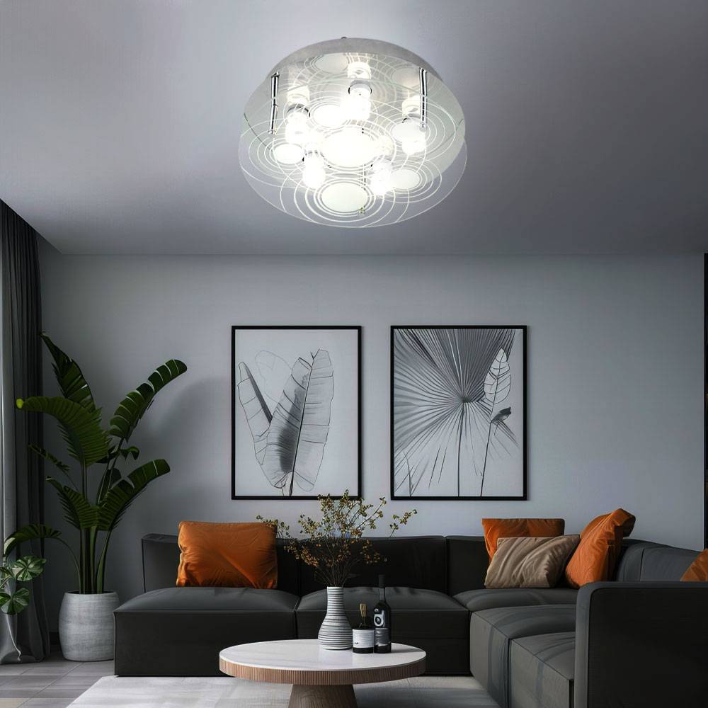 Deckenleuchte Glas satiniert Deckenlampe 6 Flammig Wohnzimmerleuchte Decke, 6x 5W 400Lm warmweiß, DxH 33x12,5 cm