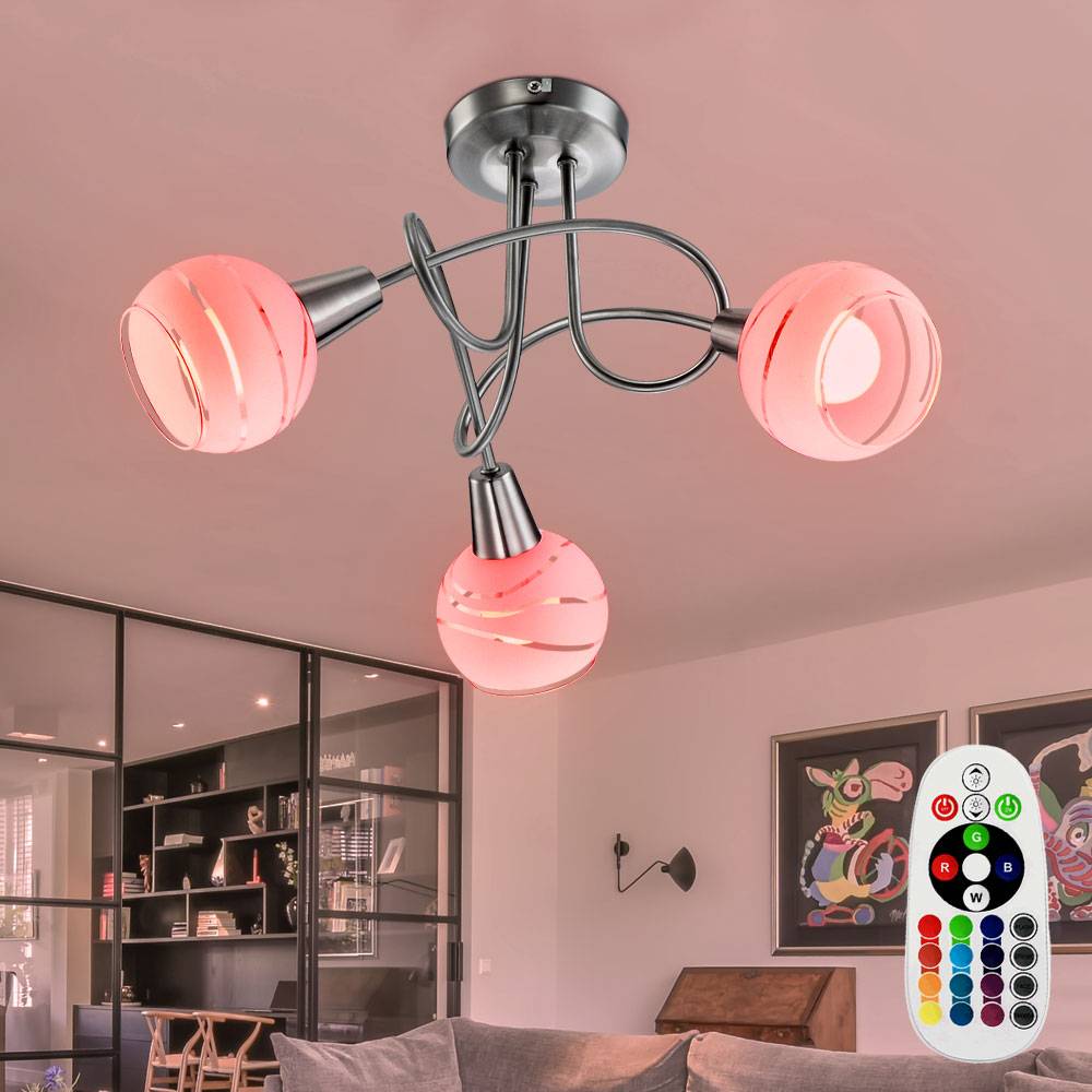 Decken Leuchte Esszimmer Rondell Lampe Fernbedienung silber Dimmer im Set inkl. RGB LED Leuchtmittel