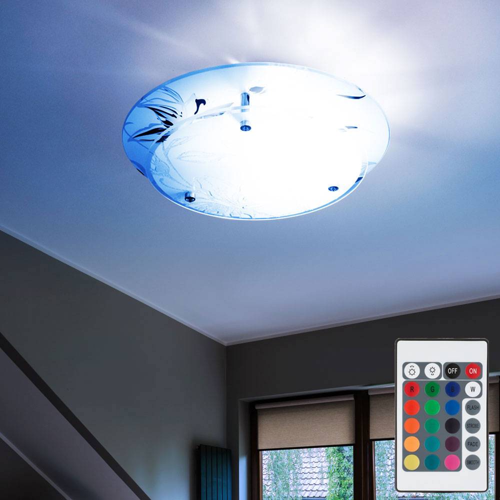 Glas Deckenleuchte rund dimmbar mit Fernbedienung LED Deckenlampe E27 Küchenlampe Wohnzimmerleuchte chrom, RGB Farbwechsel, Blumen Dekor weiß, 3W 32