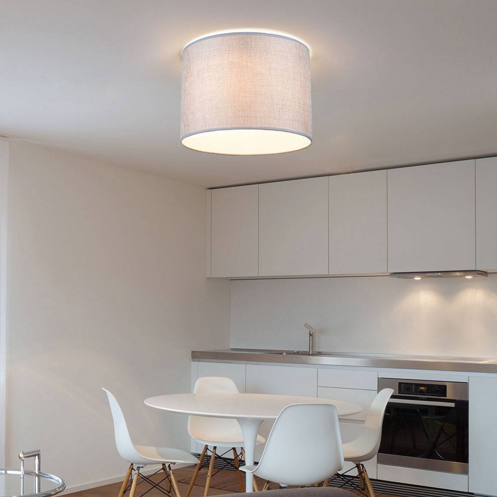 Deckenleuchte grau Modern Wohnzimmerleuchte Textil Deckenlampe rund, Metall weiß satiniert, 3x E27 Fassungen, DxH 35x27 cm