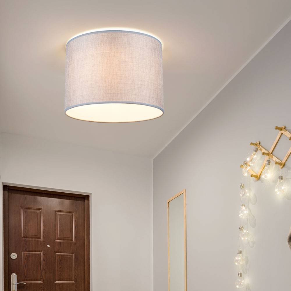 Deckenleuchte grau Modern Wohnzimmerleuchte Textil Deckenlampe rund, Metall weiß satiniert, 3x E27 Fassungen, DxH 35x27 cm