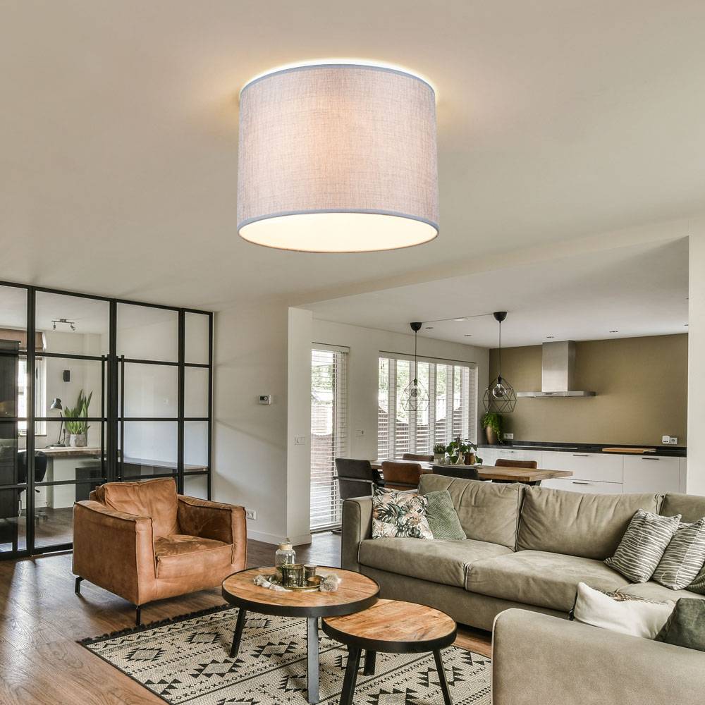 Deckenleuchte grau Modern Wohnzimmerleuchte Textil Deckenlampe rund, Metall weiß satiniert, 3x E27 Fassungen, DxH 35x27 cm