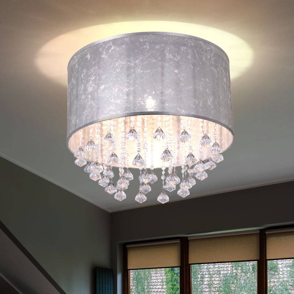 Deckenleuchte silber Wohnzimmerlampe Esszimmer Deckenlampe, Textil in Blattsilber Optik mit Kristallen, 1x E27, DxH 40 x 38 cm
