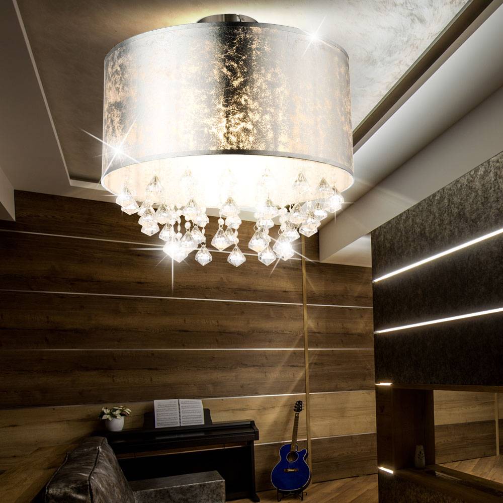 Deckenleuchte silber Wohnzimmerlampe Esszimmer Deckenlampe, Textil in Blattsilber Optik mit Kristallen, 1x E27, DxH 40 x 38 cm