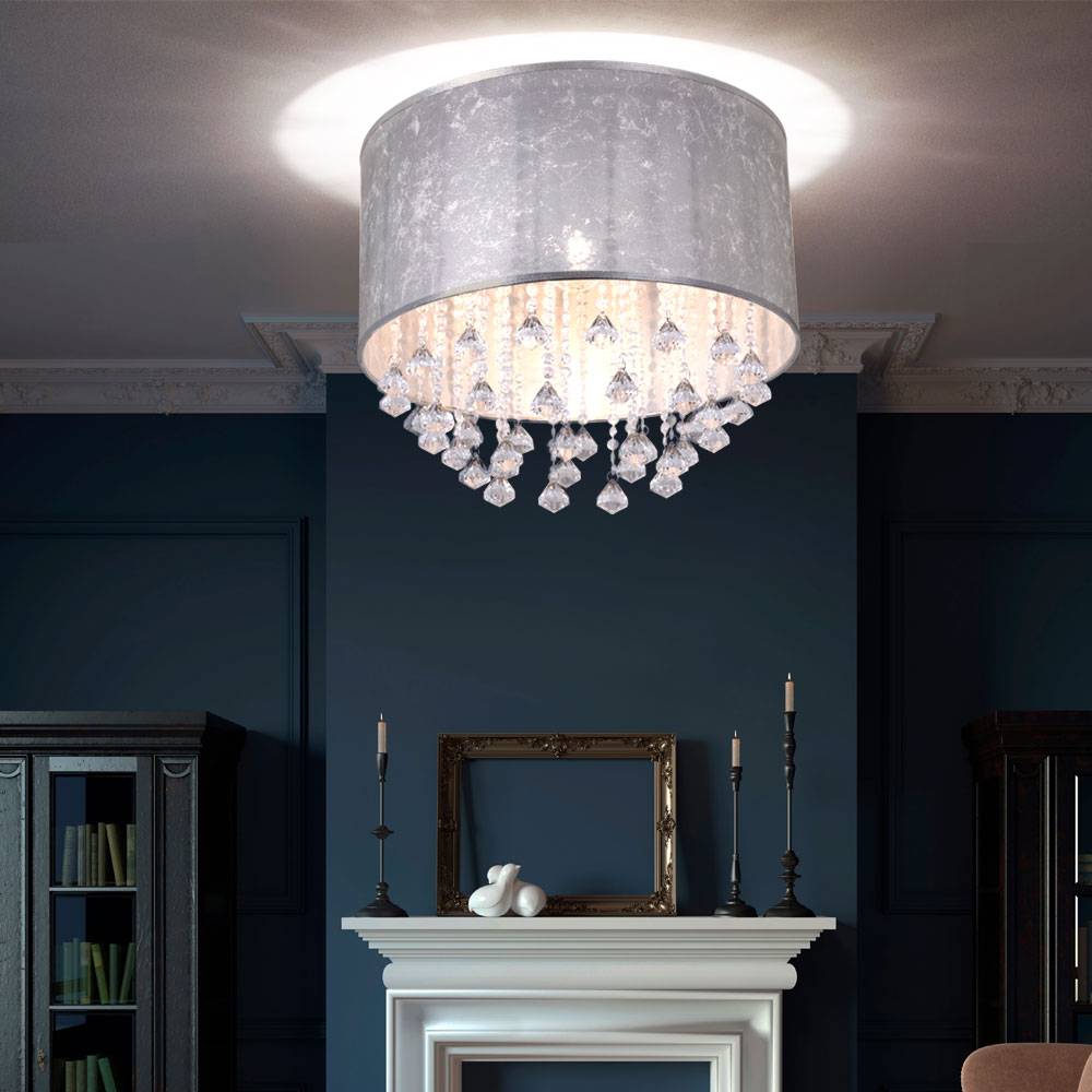 Deckenleuchte mit RGB Farbwechsler dimmbare Deckenlampe mit Textilschirm und Kristallbehang, Nickel matt Blattsilber, 1x LED warmweiß, 40x38cm