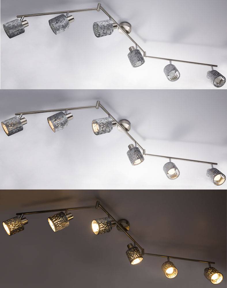 Deckenlampe Deckenleuchte 6 flammig Spotleiste schwenkbar Wohnzimmerleuchte, Metall Samt silber, 6x E14 LxH 145x18 cm