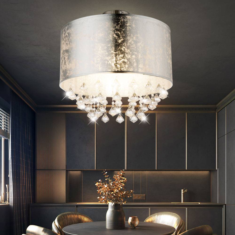 Deckenlampe Blattsilber Wohnzimmerlampe Kristalle Deckenleuchte rund, Metall, 1x E27, DxH 30x31 cm