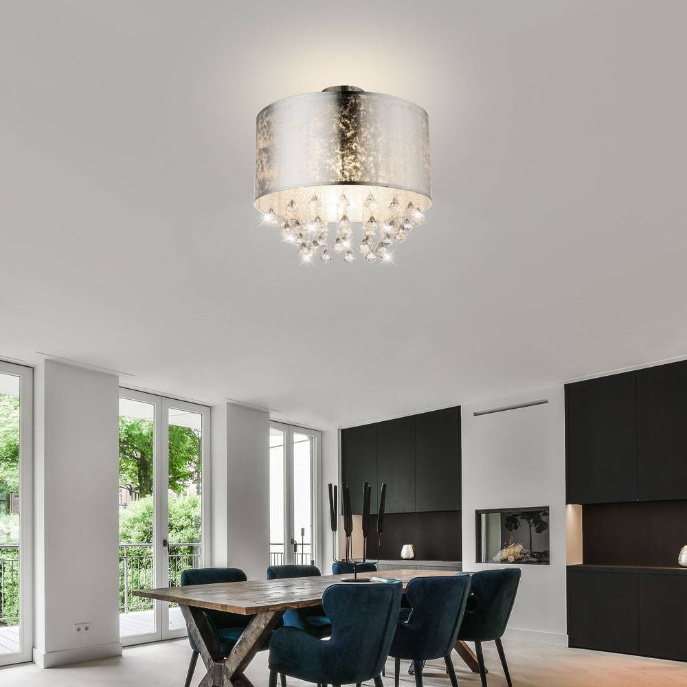 Deckenlampe Blattsilber Wohnzimmerlampe Kristalle Deckenleuchte rund, Metall, 1x E27, DxH 30x31 cm