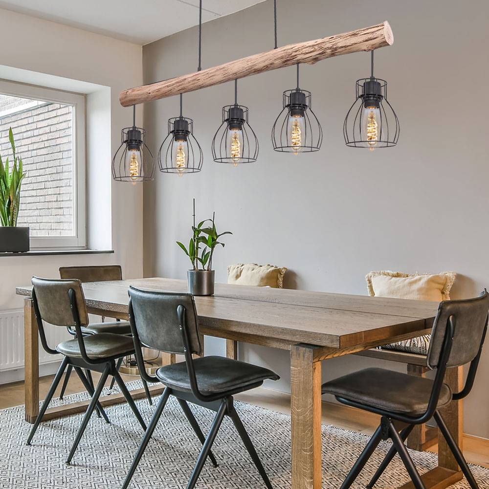 Holz Design Hängeleuchte mit Gitter Lampenschirmen Pendelleuchte mit Holzbalken 5 flammig, Metall schwarz Holz natur, 5x E27 max 40 Watt, LxBxH 100x