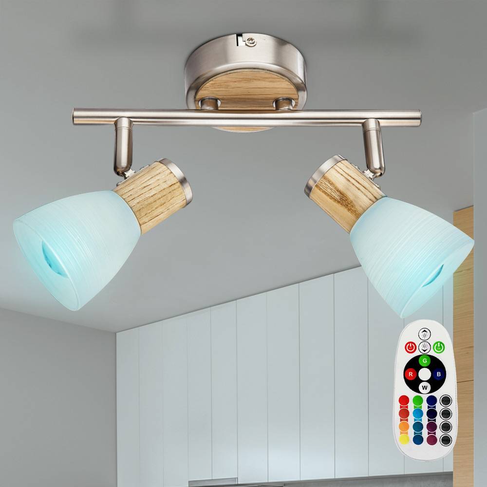 Decken Leuchte Dimmer Holz Glas Spot Lampe beweglich Fernbedienung im Set inkl. RGB LED Leuchtmittel