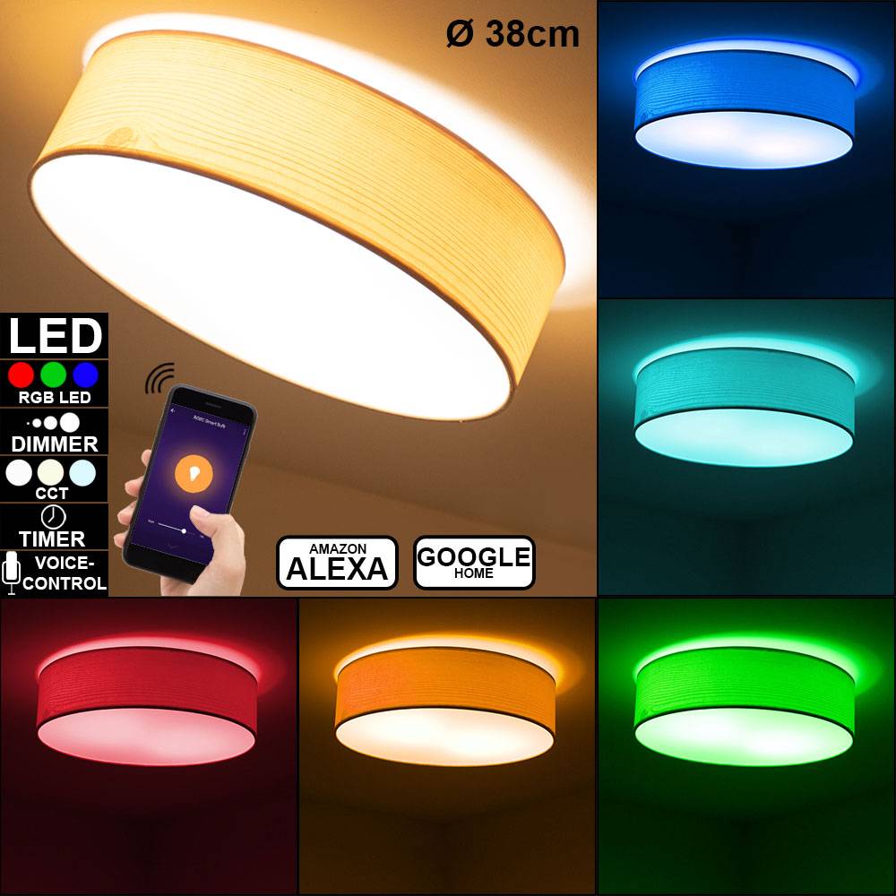 Decken Lampe Alexa Google App Holz Optik Tageslicht Leuchte DIMMBAR im Set inkl. RGB LED Leuchtmittel