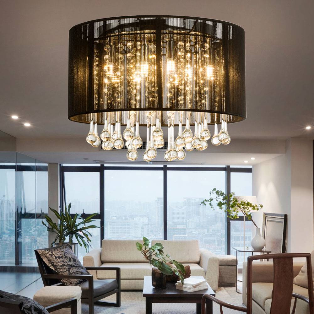 LED Decken Hänge Leuchte Glas Kristall Wohn Zimmer Pendel Lampe Seide schwarz