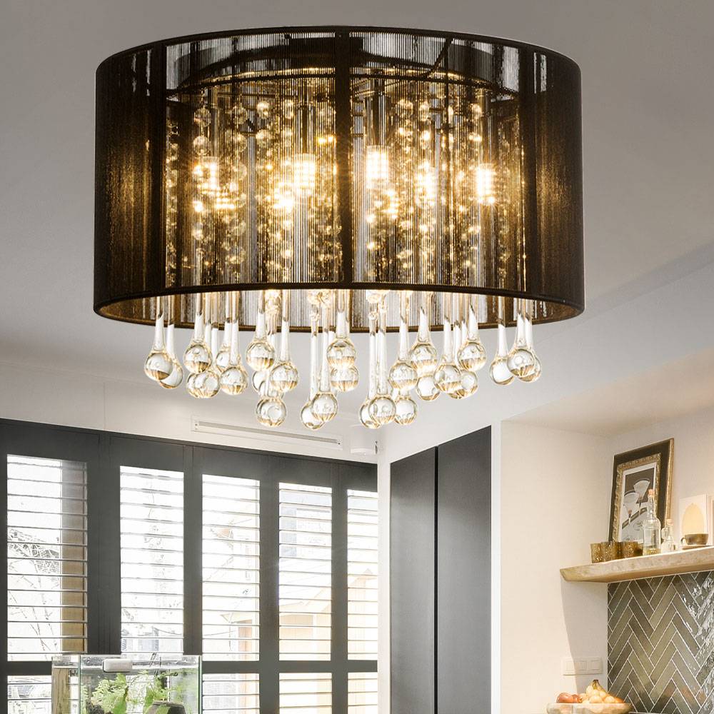 Deckenlampe Deckenleuchte schwarz Glaskristalle Esszimmer 8 flammig, Metall Seide, 8x LED warmweiß, DxH 40x29 cm