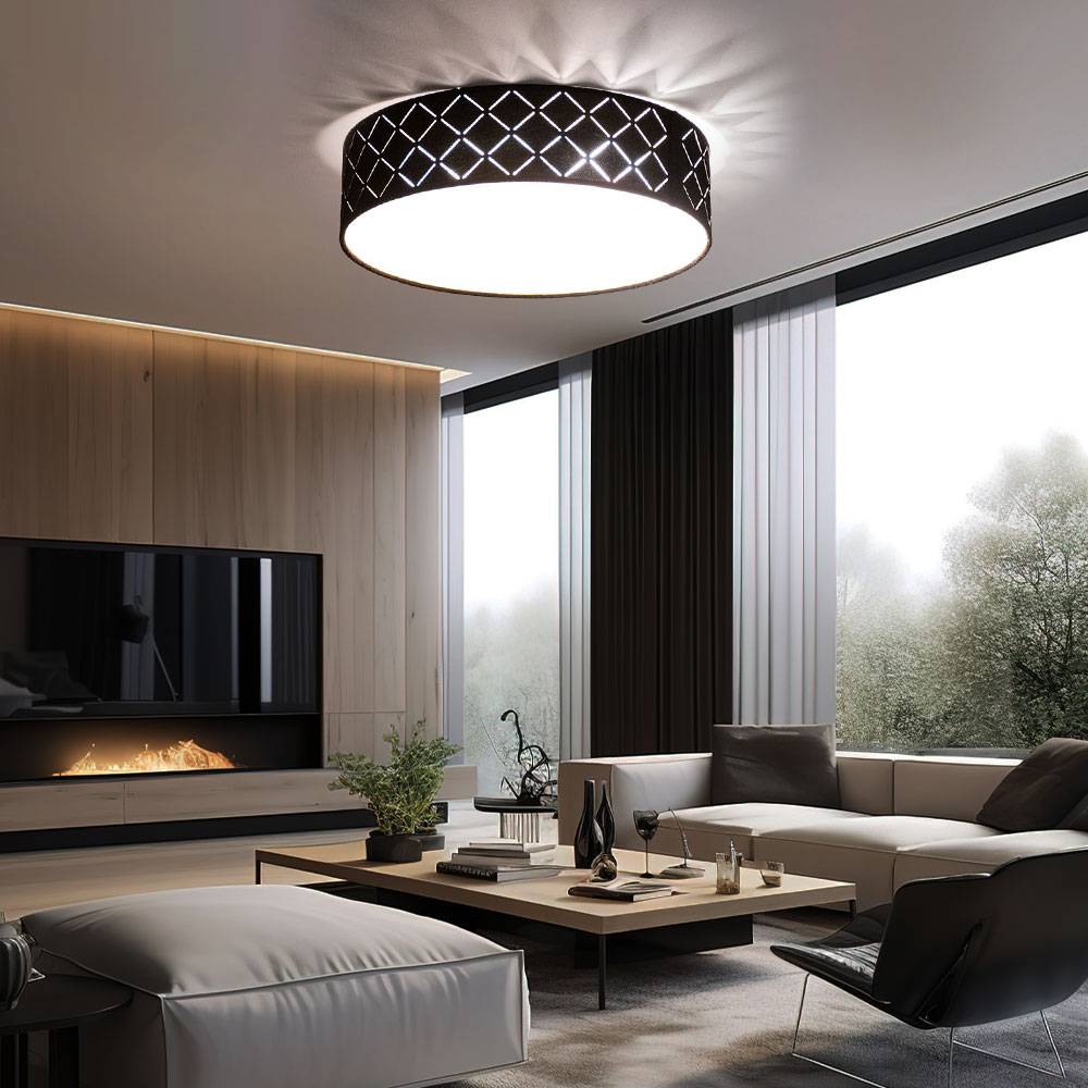 Deckenleuchte Textil schwarz Deckenlampe schwarz gold Wohnzimmerleuchte rund, satiniert, Fernbedienung dimmbar, 2x RGB LED 8,5W 806Lm warmweiß, DxH