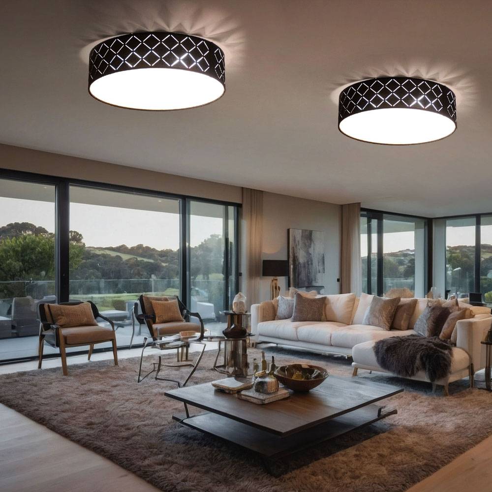 Decken Strahler Leuchte rund schwarz Dekor Stanzungen gold Wohn Zimmer Lampe weiß