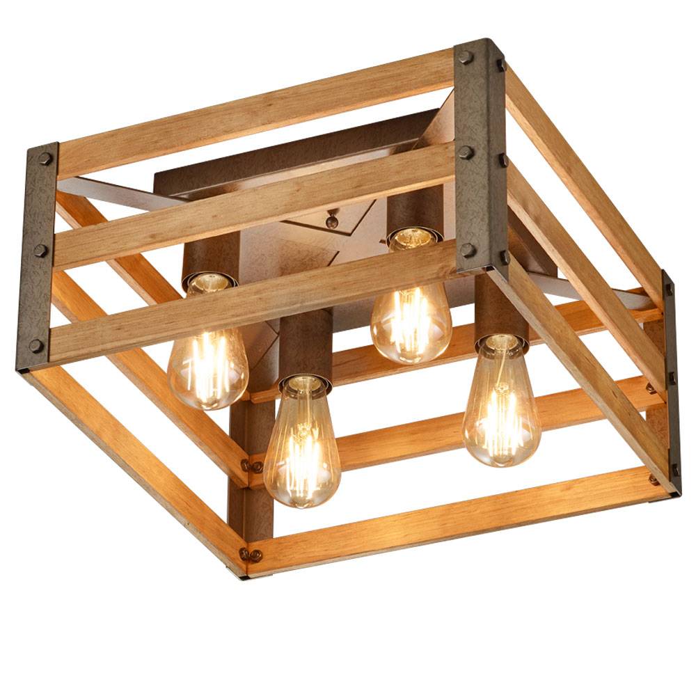 Vintage Decken Lampe Fernbedienung Natur Holz Leuchte dimmbar im Set inkl. RGB LED Leuchtmittel