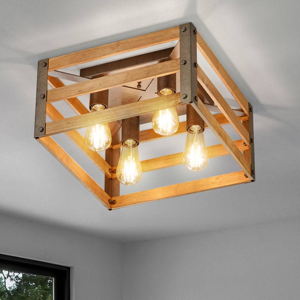 Vintage Decken Lampe Fernbedienung Natur Holz Leuchte dimmbar im Set inkl. RGB LED Leuchtmittel