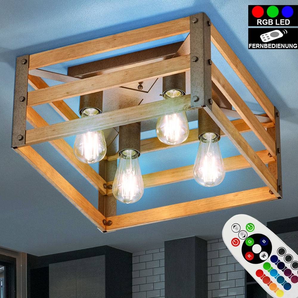 Vintage Decken Lampe Fernbedienung Natur Holz Leuchte dimmbar im Set inkl. RGB LED Leuchtmittel