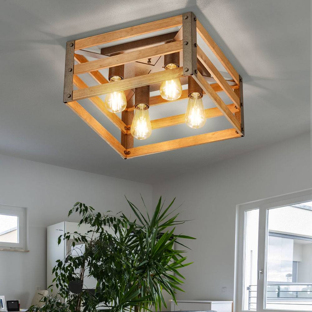 Vintage Decken Lampe Fernbedienung Natur Holz Leuchte dimmbar im Set inkl. RGB LED Leuchtmittel