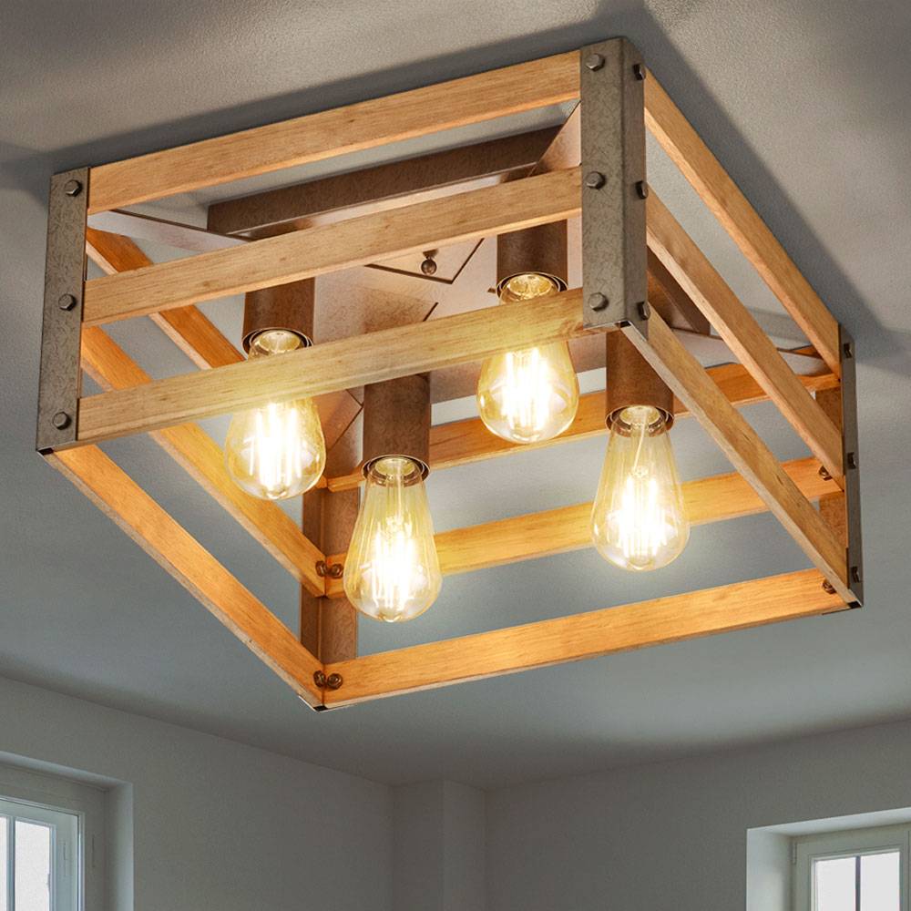 Vintage Decken Lampe Fernbedienung Natur Holz Leuchte dimmbar im Set inkl. RGB LED Leuchtmittel